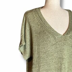 Melissa Paige Sage Green Ribbon Knit V-Neck Short Sleeve Relaxed Fit Sweater XL